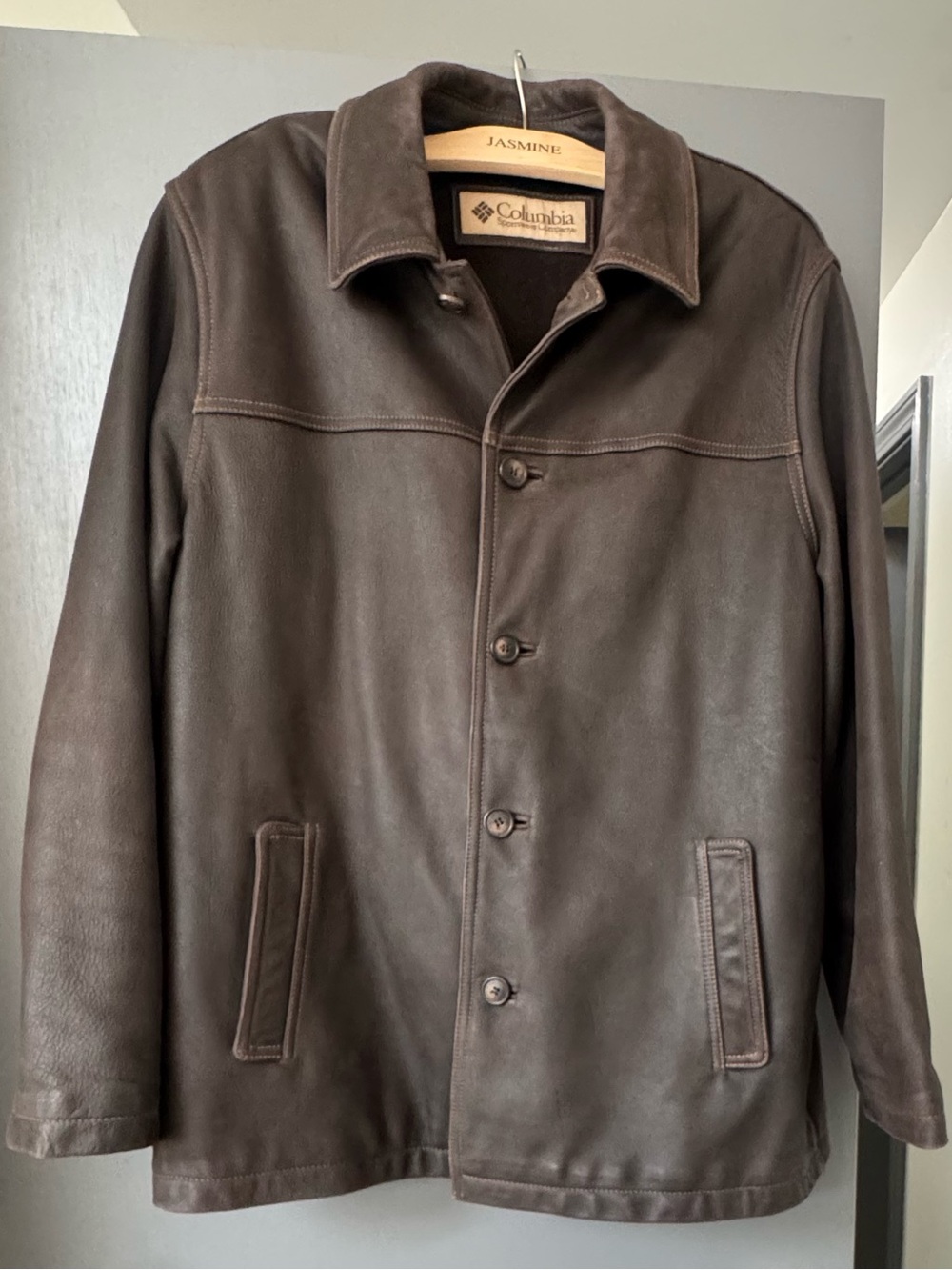 Classic Columbia Dark Brown Genuine Leather Button-Front Coat, Men’s Sz LG